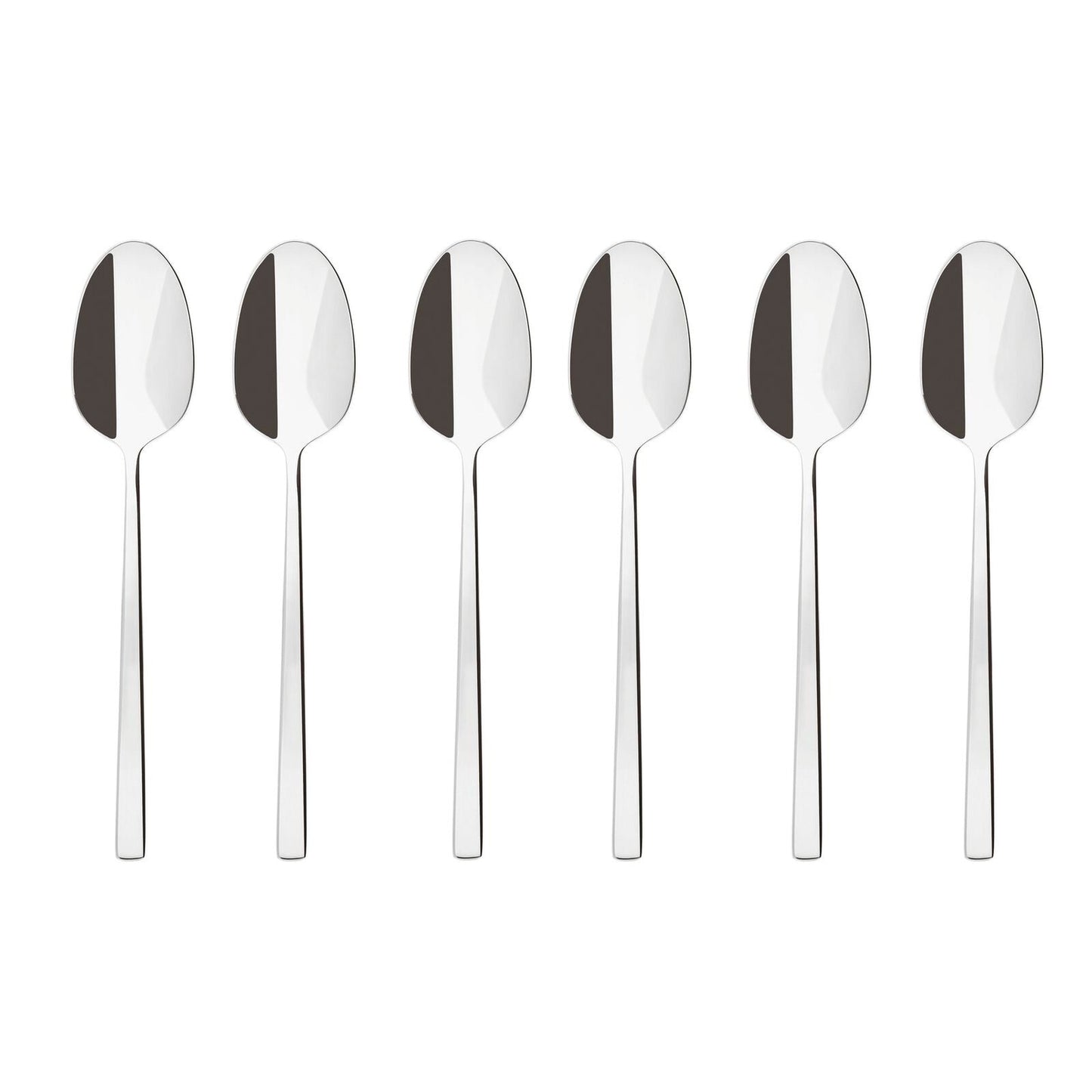 Eclectic Sambonet Rock mirror-polished stainless steel 6-piece espresso spoon set with modern square-lined handles.