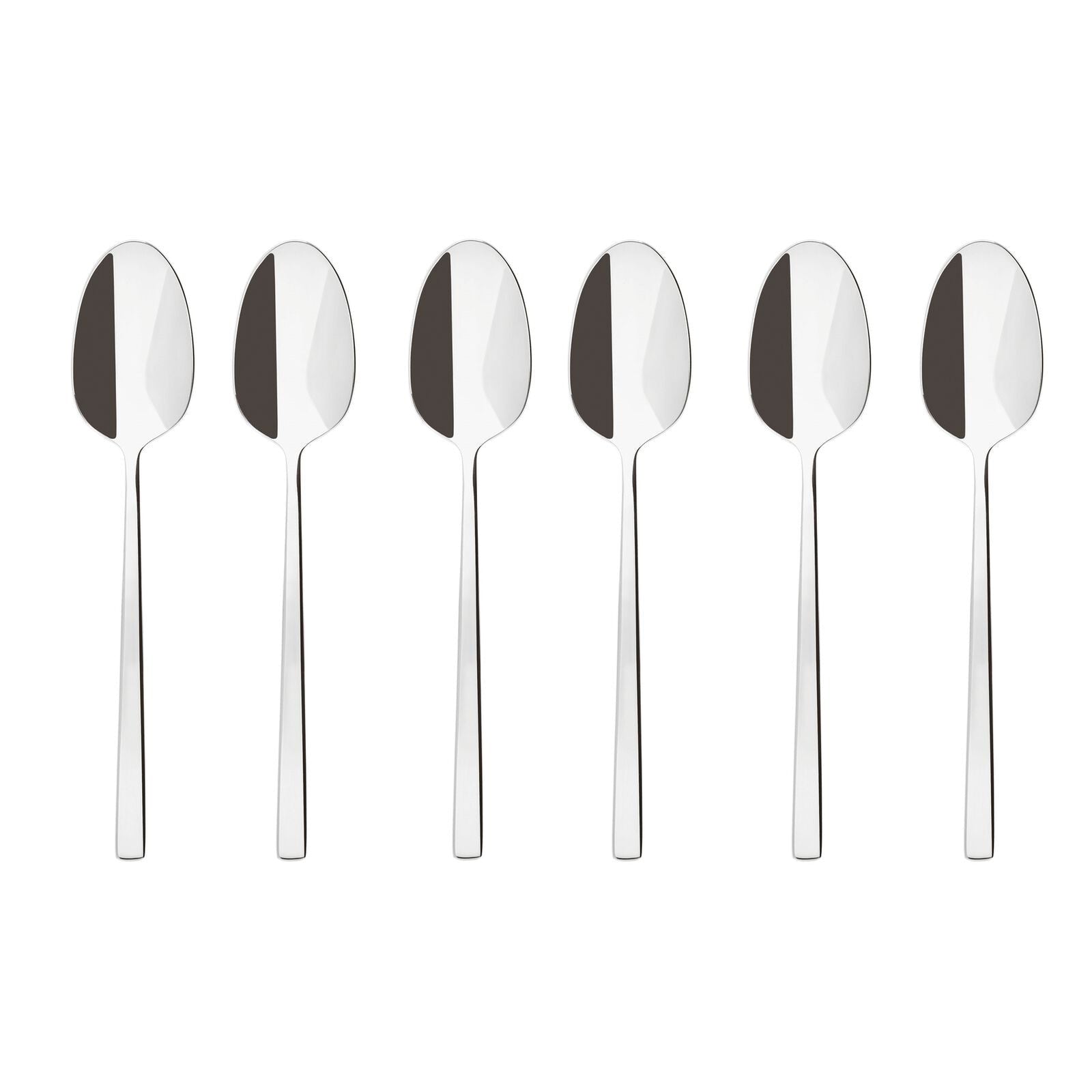 Eclectic Sambonet Rock mirror-polished stainless steel 6-piece espresso spoon set with modern square-lined handles.