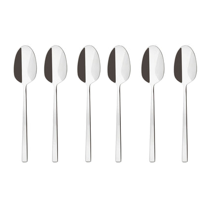Eclectic Sambonet Rock mirror-polished stainless steel 6-piece espresso spoon set with modern square-lined handles.