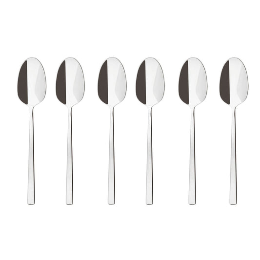 Eclectic Sambonet Rock mirror-polished stainless steel 6-piece espresso spoon set with modern square-lined handles.