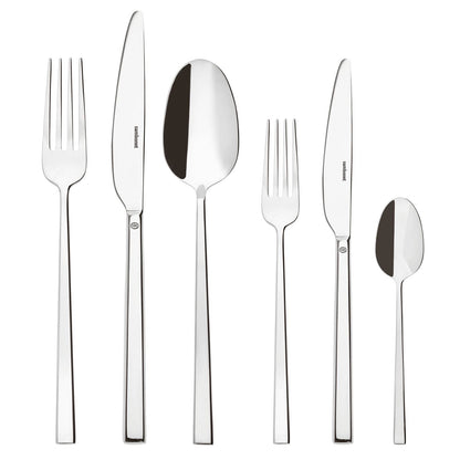 Eclectic Sambonet Rock Mirror 36-piece stainless steel cutlery set featuring square-lined, polished silver utensils.