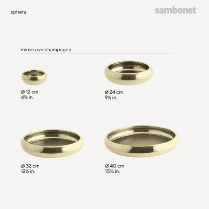 Eclectic Sambonet Sphera champagne PVD stainless steel serving bowls in four different sizes for elegant table decor.