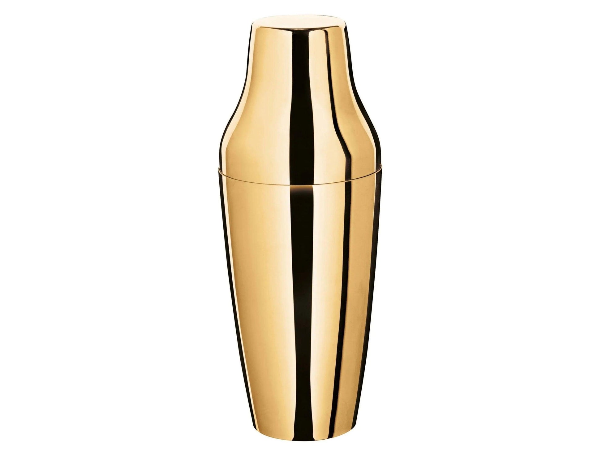 Eclectic Sambonet Sphera Parisienne cocktail shaker in polished cognac PVD stainless steel with a rounded silhouette.