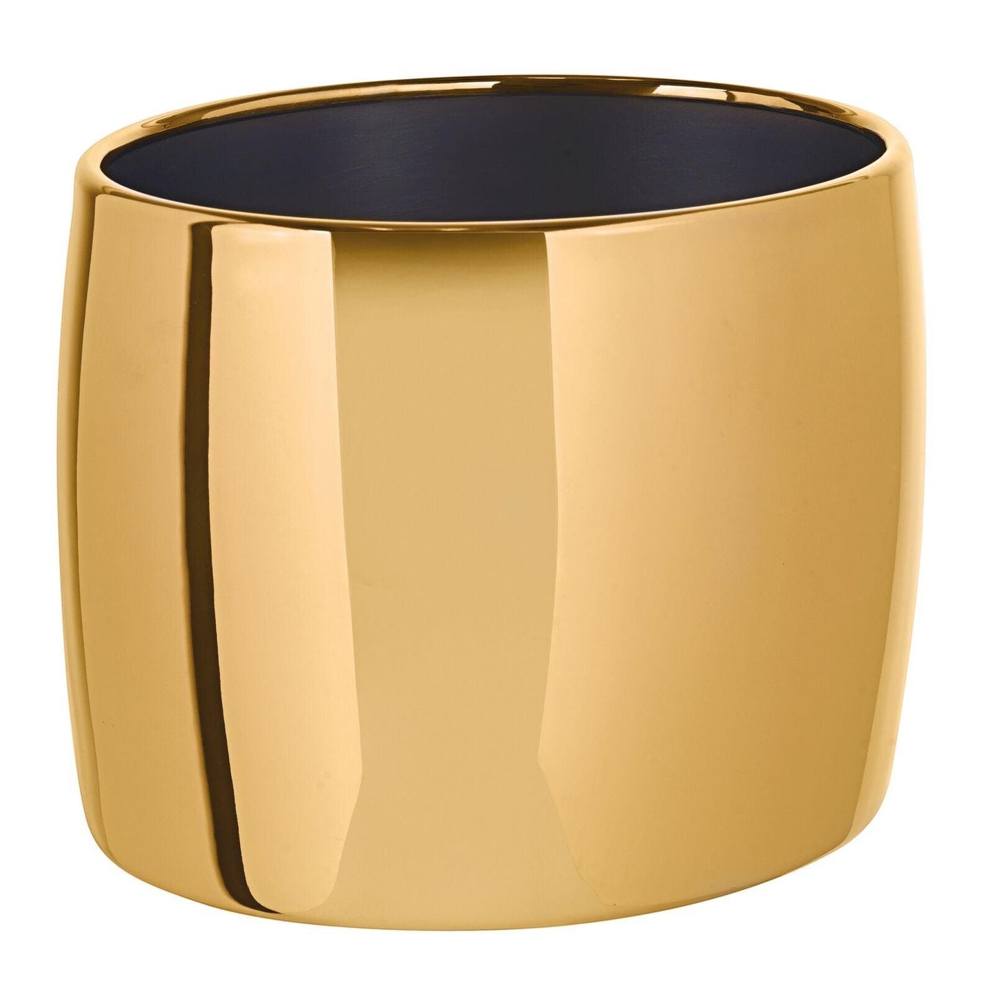 Eclectic Sambonet Sphera oval wine cooler in a reflective cognac PVD stainless steel finish with a sculptural design.