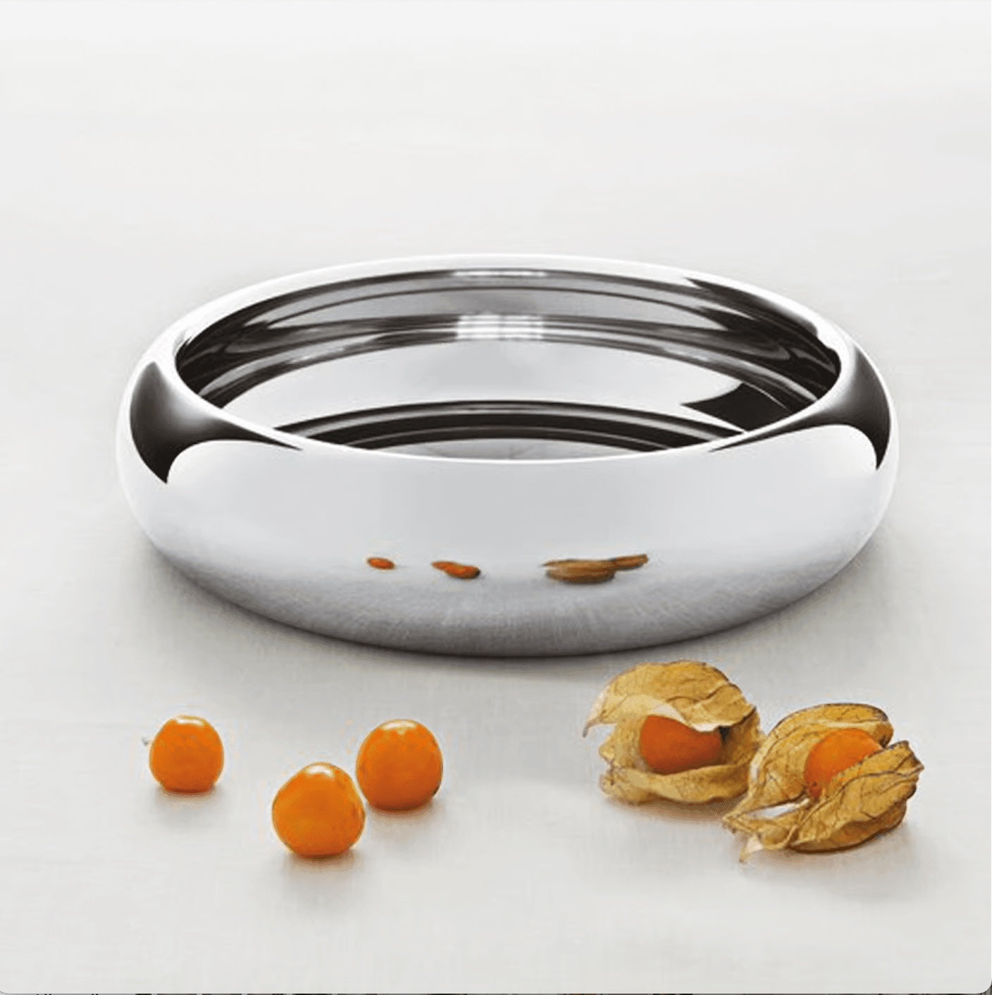 Eclectic Sambonet Sphera 12 cm stainless steel serving bowl with a mirror-polished finish and organic curved design.