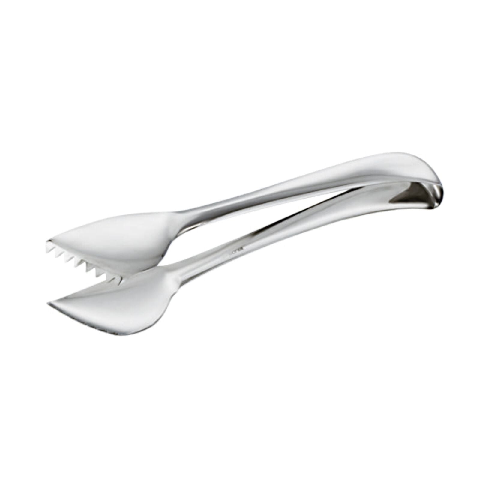 Eclectic Sambonet Living mirror-polished stainless steel ice tongs with toothed gripping edges for cocktail service.