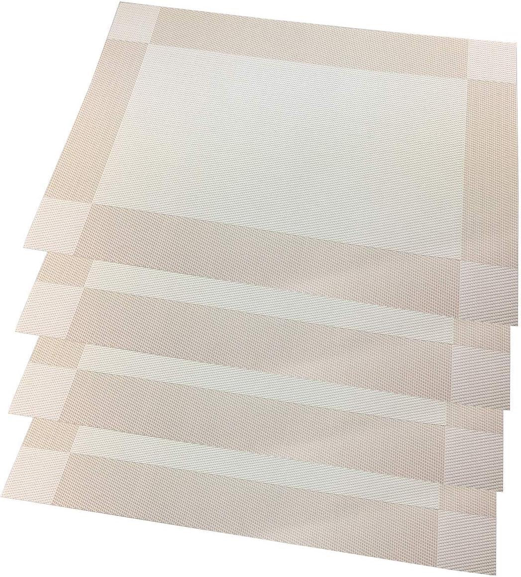 Eclectic set of four rectangular sand-coloured woven PVC placemats with a subtle textured border.