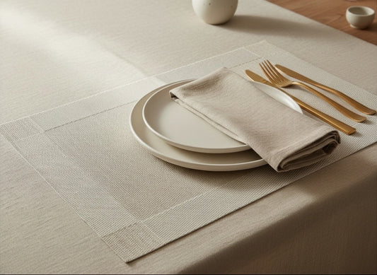Eclectic sand-coloured rectangular woven PVC placemat set on a dining table with plates, napkin, and gold cutlery.