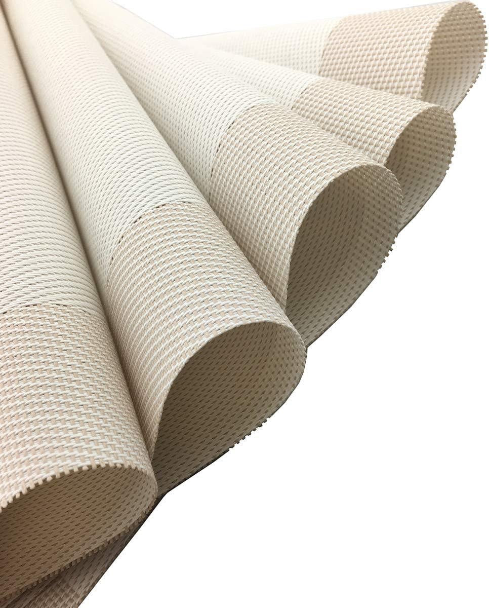 Eclectic set of four sand-coloured rectangular PVC placemats with a subtle woven texture, rolled for storage.