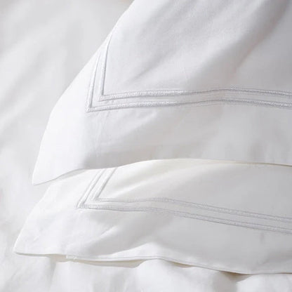 Eclectic Saxon white cotton sateen duvet set featuring elegant double satin-stitched border detail.