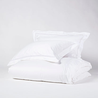 Eclectic Saxon white cotton sateen duvet cover set with elegant tonal satin-stitched double border detail.