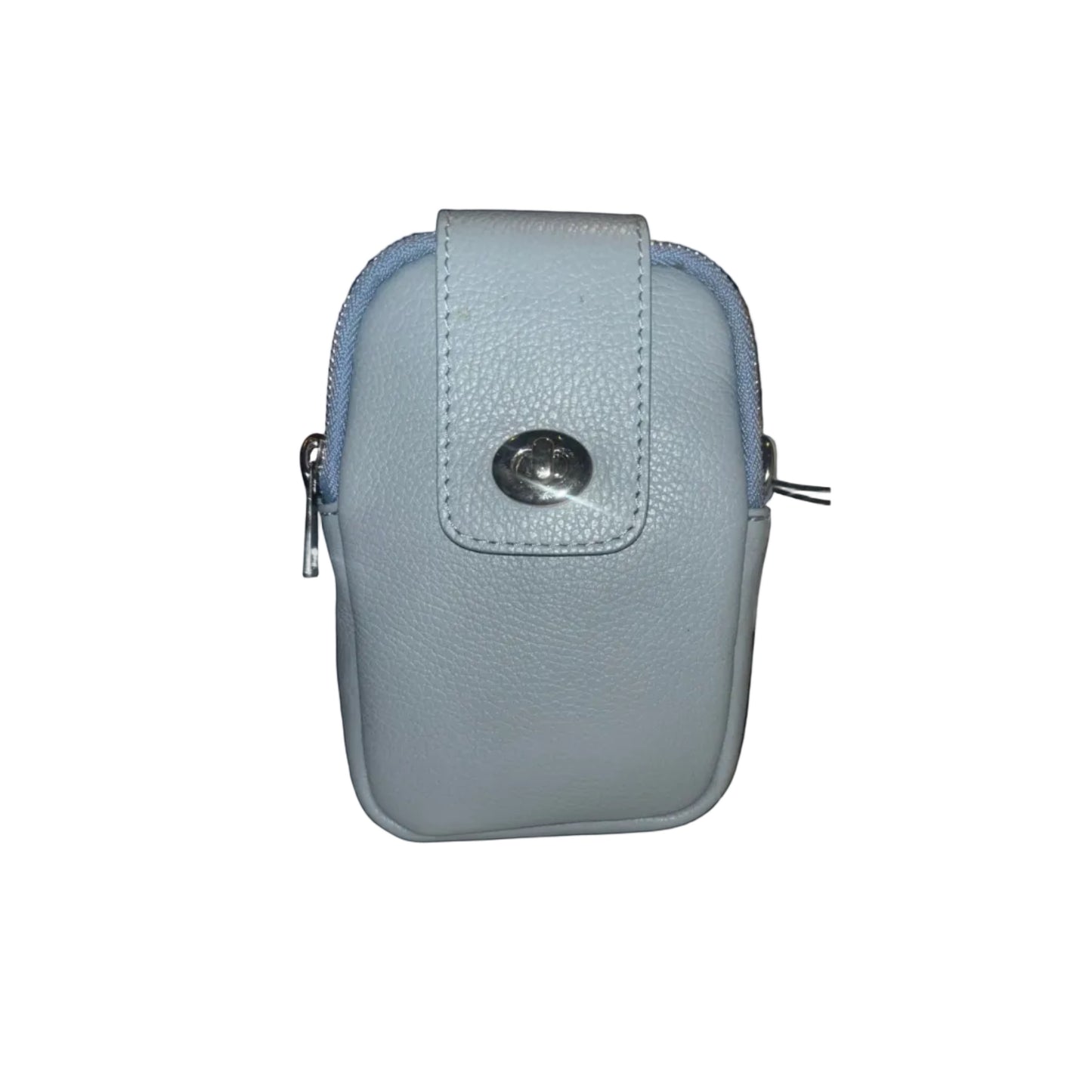 Eclectic Siena light blue Italian leather phone crossbody bag with silver hardware and front slip pocket