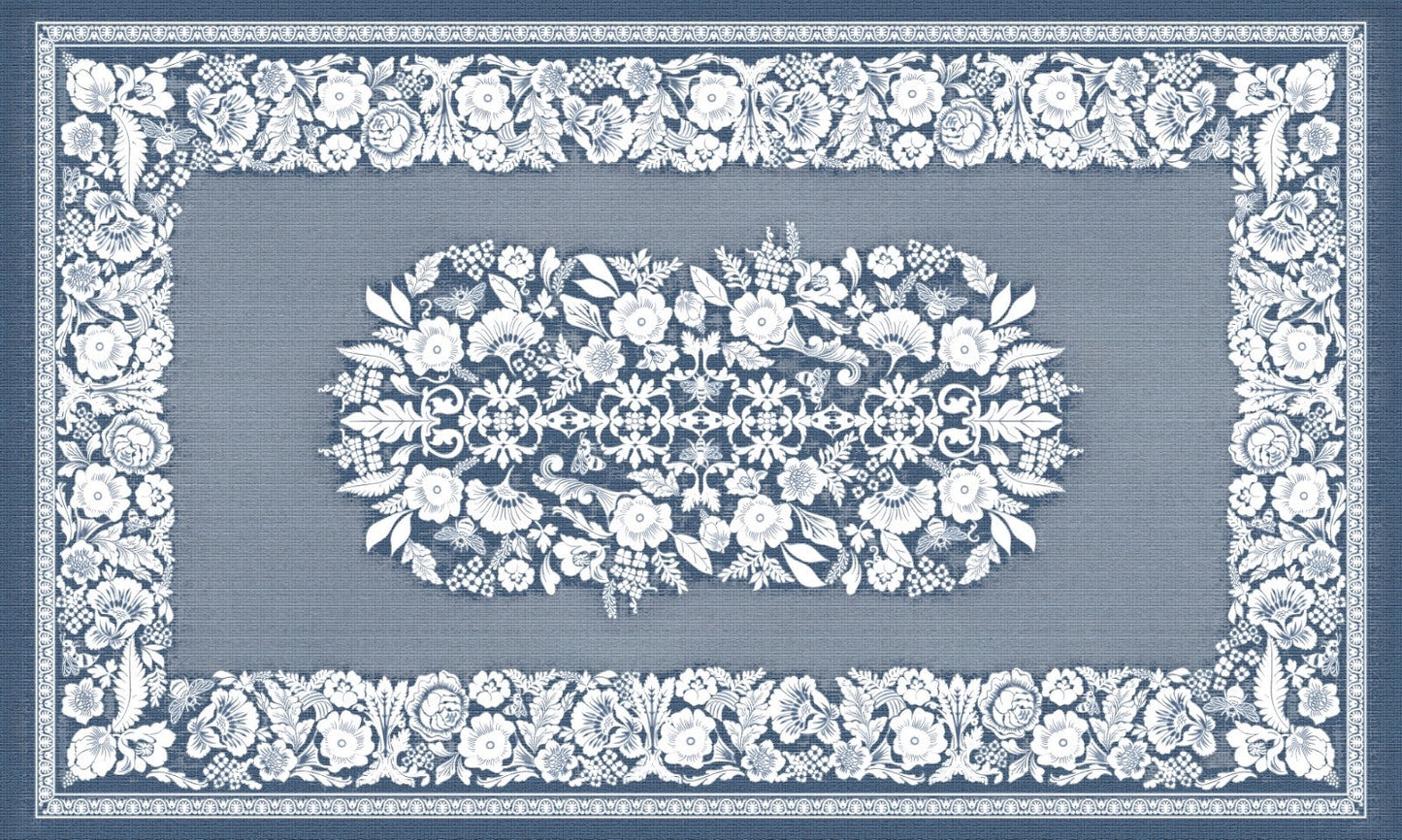 Eclectic soft blue linen-look tablecloth featuring a detailed white floral pattern and elegant European-style border.
