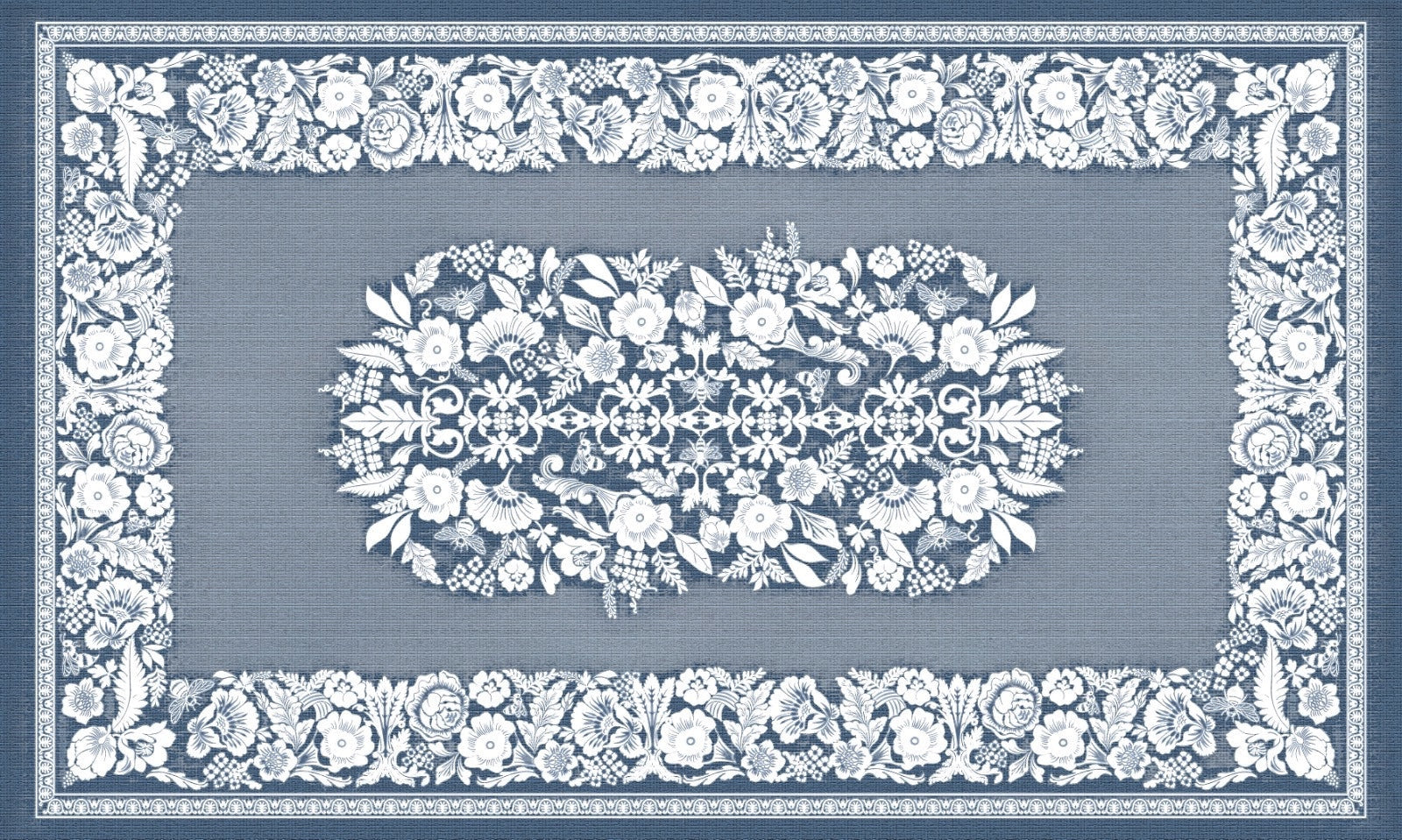 Eclectic soft blue linen-look tablecloth featuring a detailed white floral pattern and elegant European-style border.