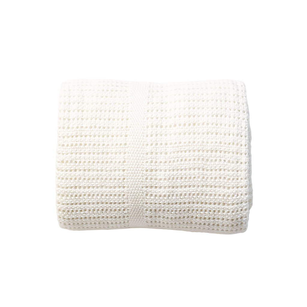 Eclectic Soft Cloud white cotton cellular baby blanket with a breathable knit texture for nursery comfort.