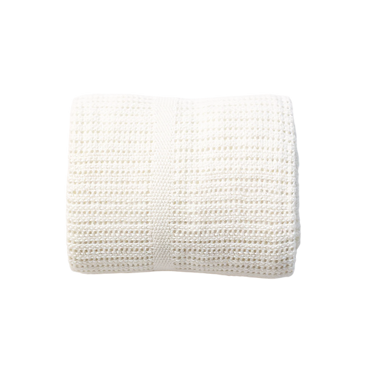 Eclectic Soft Cloud white cotton cellular baby blanket with a breathable knit texture for nursery comfort.