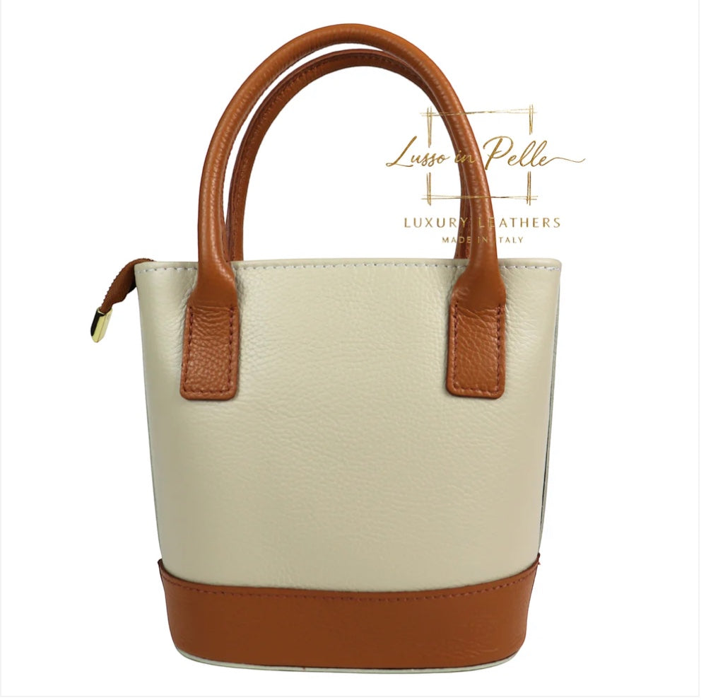 Eclectic Sorrento cream and tan grain leather structured handbag with top handles and gold-tone hardware