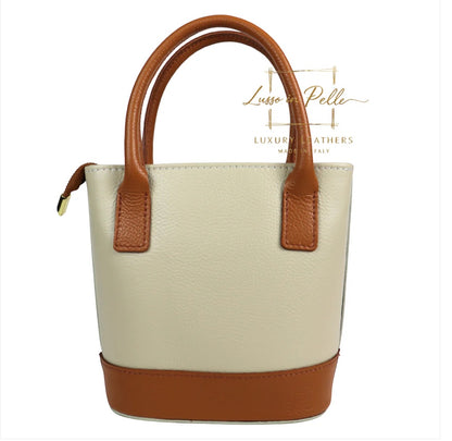 Eclectic Sorrento cream and tan grain leather structured handbag with top handles and gold-tone hardware