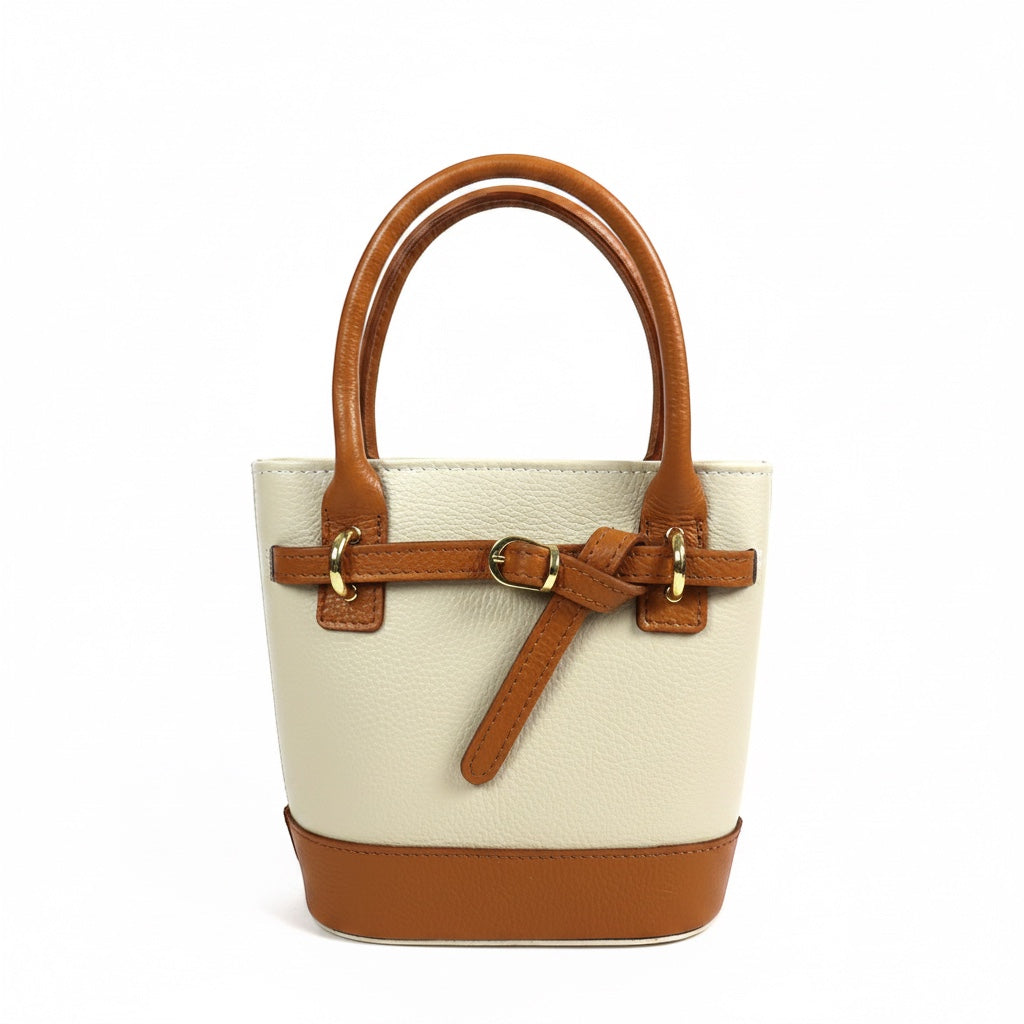 Eclectic Sorrento cream and tan grain leather mini handbag with gold-tone hardware and structured top handles.