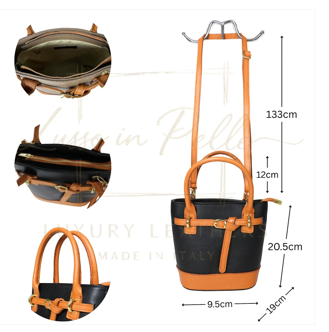 Eclectic Sorrento leather crossbody bag in black and tan with gold hardware, top handles, and adjustable strap.
