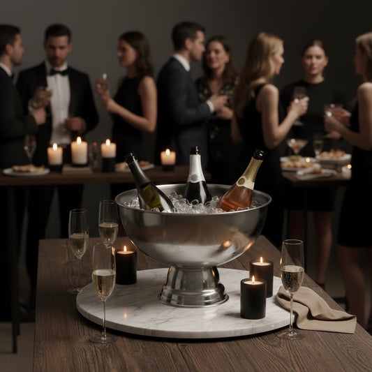 Eclectic grand stainless steel champagne cooler filled with ice and wine bottles on a marble table at a party