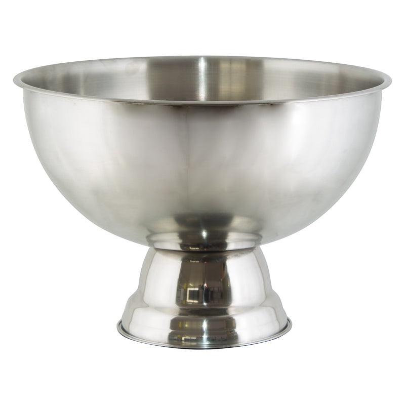 Eclectic grand polished stainless steel champagne and wine cooler with a wide bowl and footed base