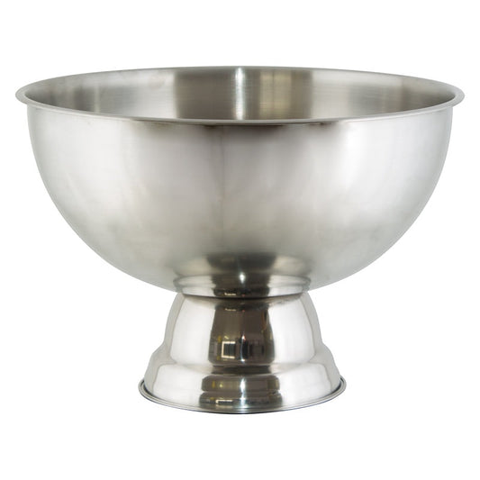 Eclectic grand polished stainless steel champagne and wine cooler with a wide bowl and footed base