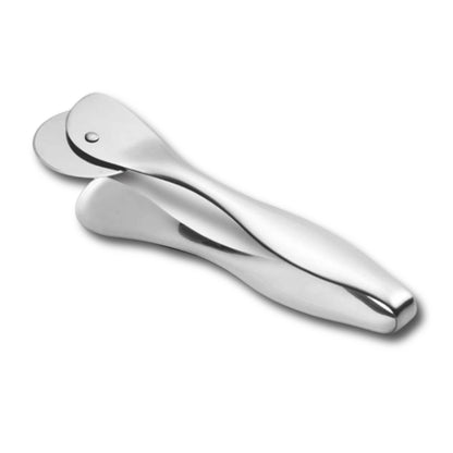 Eclectic stainless steel pizza cutter and server with a polished silver finish and ergonomic design.
