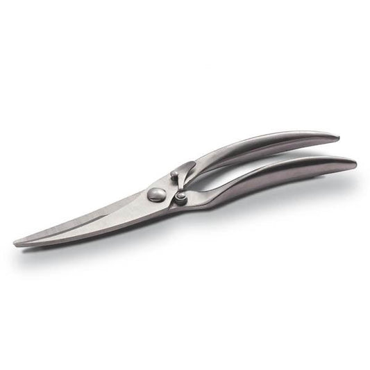 Eclectic heavy-duty stainless steel poultry shears with ergonomic handles for precision cutting of meat and bone.