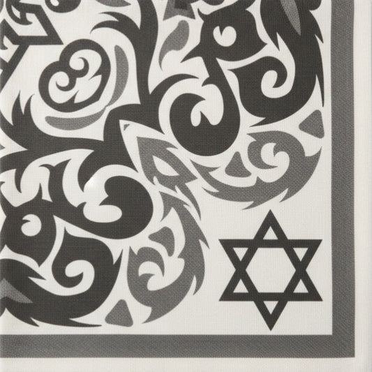 Eclectic black and white disposable napkin with intricate ornamental patterns and a Star of David detail.