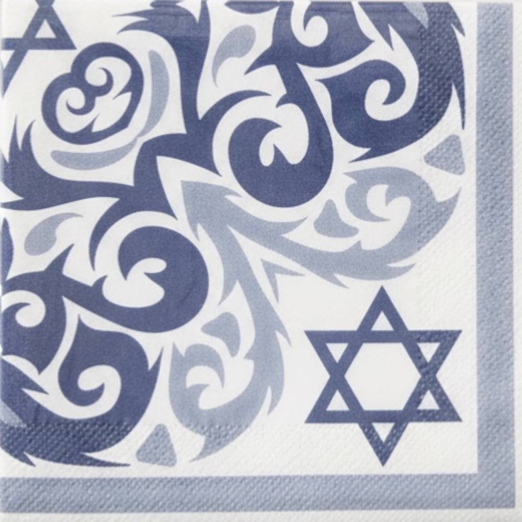 Eclectic blue and white disposable napkins featuring an intricate ornamental pattern and Star of David detail.
