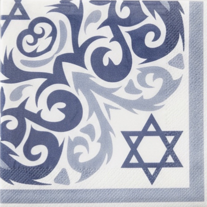 Eclectic blue and white disposable napkins featuring an intricate ornamental pattern and Star of David detail.