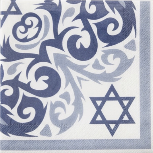 Eclectic blue and white disposable napkins featuring an intricate ornamental pattern and Star of David detail.