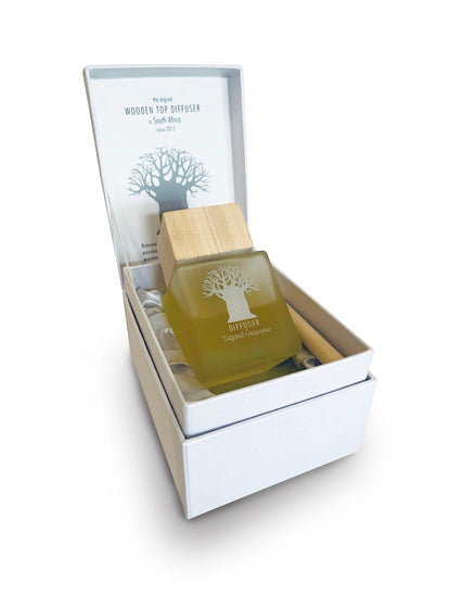Eclectic Sugared Grapefruit diffuser in a silk-lined white box with a natural wooden top and tree logo glass bottle.