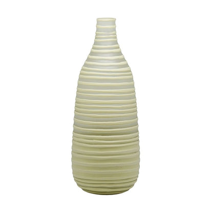 Eclectic tall olive glass vase with a tapered silhouette and ribbed textured surface for modern home decor.