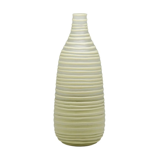 Eclectic tall olive glass vase with a tapered silhouette and ribbed textured surface for modern home decor.