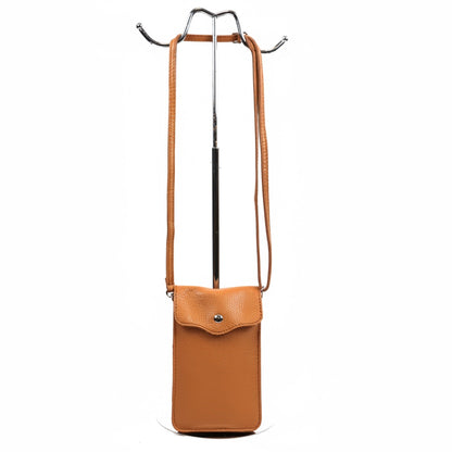 Eclectic tan pebbled leather phone crossbody bag with an adjustable strap and silver-tone magnetic closure.