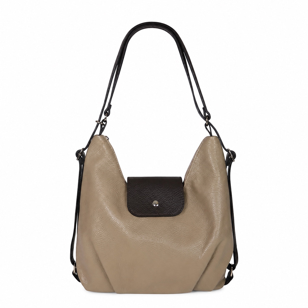 Eclectic Donatello Duo taupe grain leather convertible bag with black contrast details and silver-tone hardware.