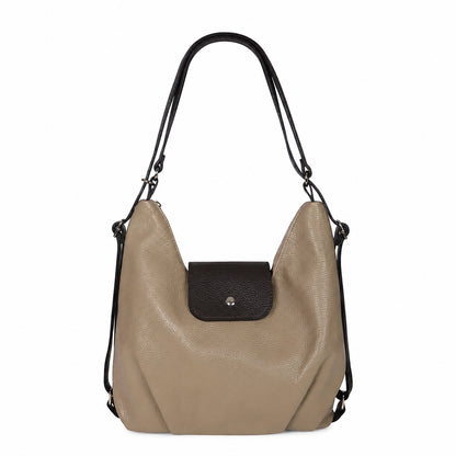 Eclectic Donatello Duo taupe grain leather convertible bag with black contrast details and silver-tone hardware.