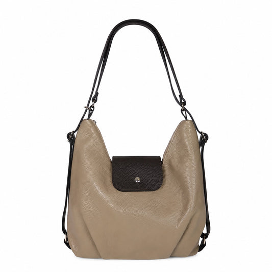Eclectic Donatello Duo taupe grain leather convertible bag with black contrast details and silver-tone hardware.
