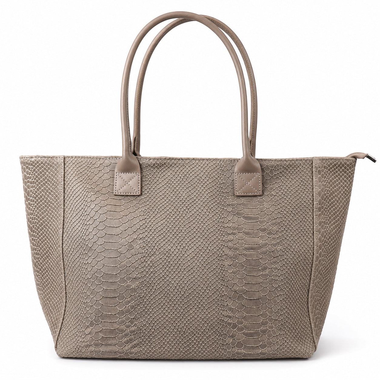 Eclectic taupe suede shopper bag with snake-print texture, top handles, and a versatile convertible design.