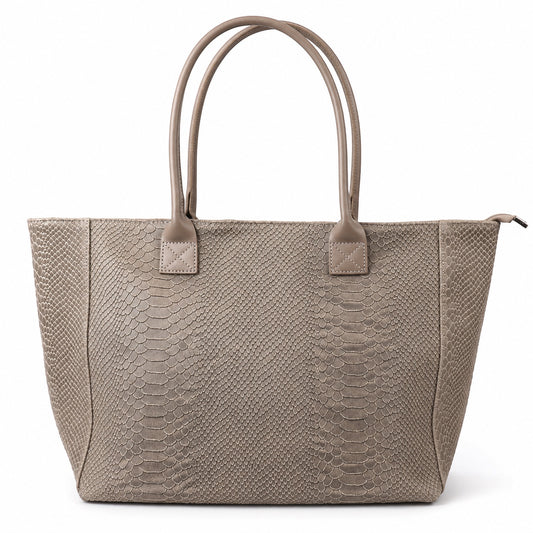 Eclectic taupe suede shopper bag with snake-print texture, top handles, and a versatile convertible design.