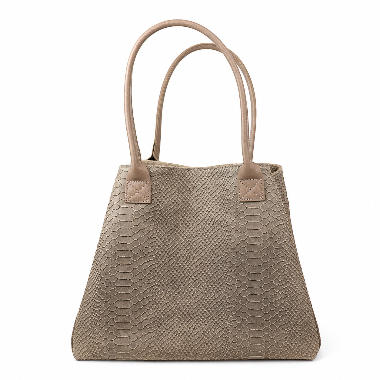 Eclectic Florenza taupe suede shopper bag with a snake-print texture and top handles on a white background.