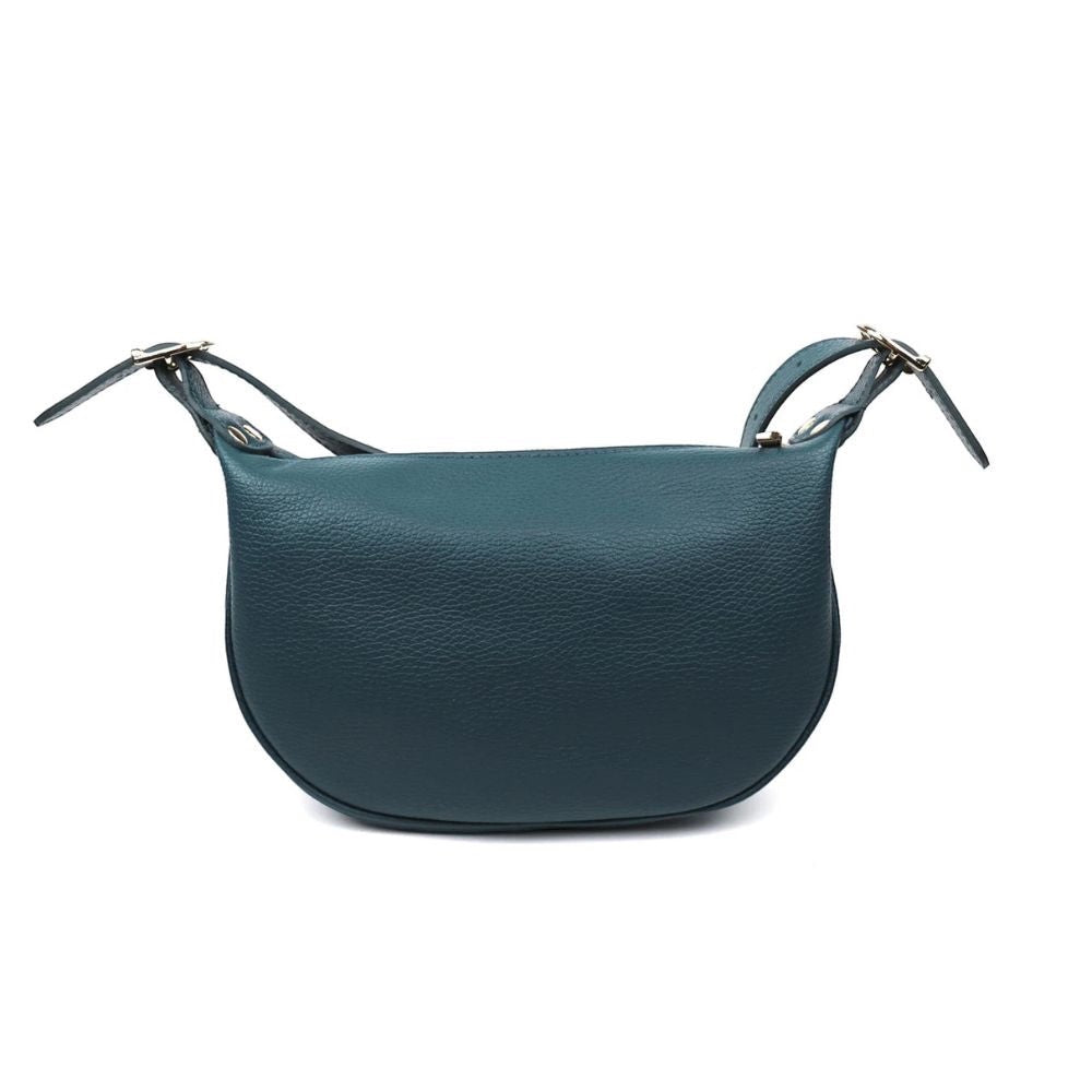 Eclectic half moon sling bag in dark teal grained Italian leather with a curved crescent silhouette.
