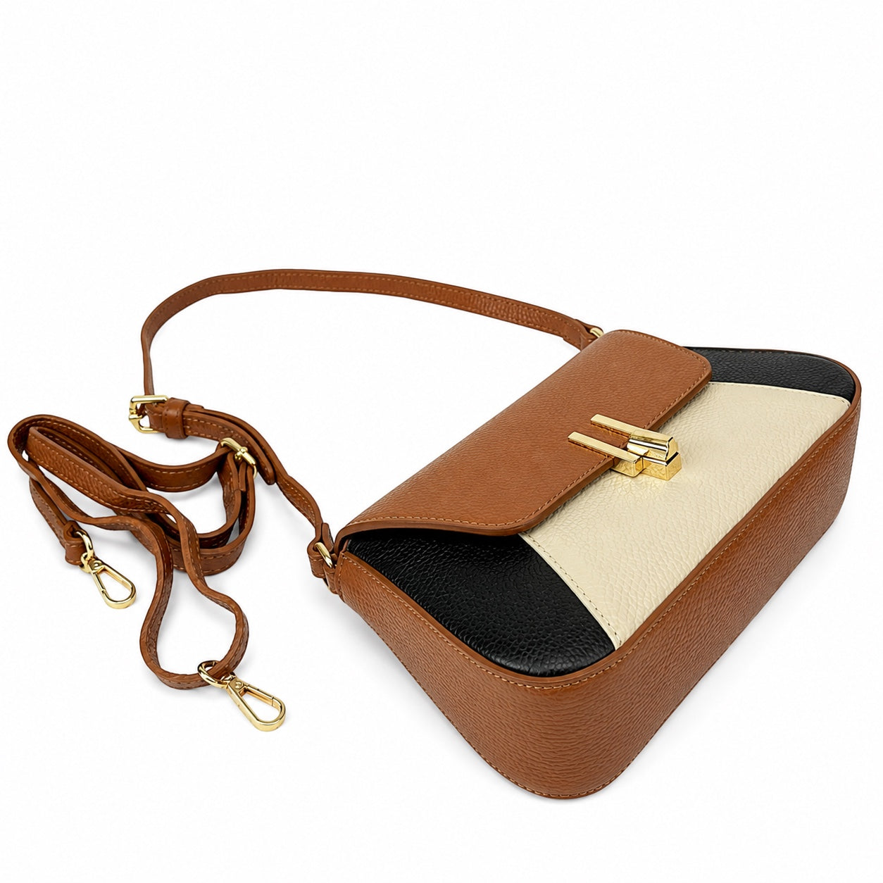 Eclectic Firenze tricolour grained leather crossbody bag in tan, black, and cream with gold-tone hardware.