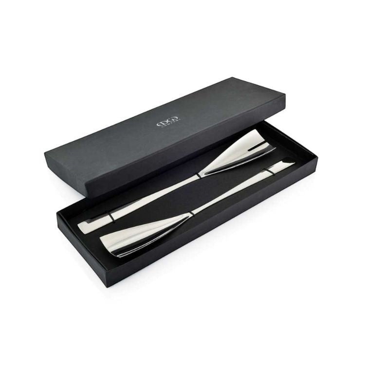 Eclectic Turin mirror polished stainless steel salad servers presented in a sleek black gift box.
