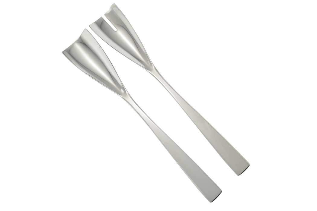 Eclectic Turin mirror polished stainless steel salad servers with a seamless contemporary design.