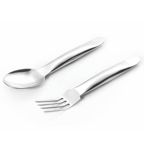 Eclectic Turino stainless steel salad servers featuring a modern mirror finish spoon and fork set.