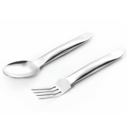 Eclectic Turino stainless steel salad servers featuring a modern mirror finish spoon and fork set.
