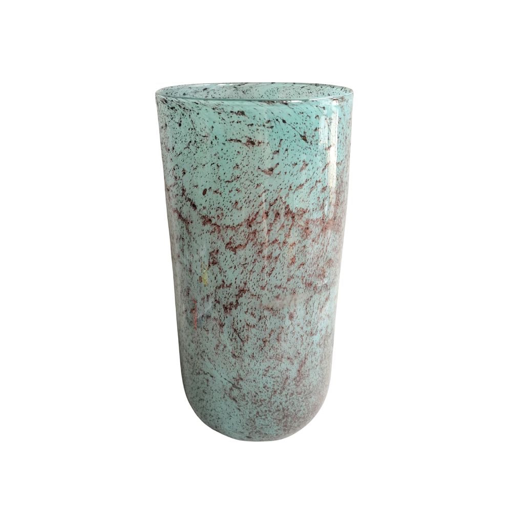 Eclectic turquoise glass cylinder vase with a speckled, textured finish and tall, organic silhouette.